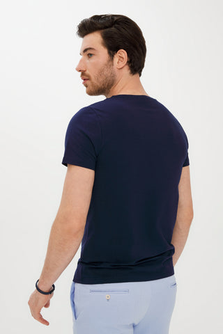  Koyu Lacivert Bisiklet Yaka Super Slim Fit Ekstra Dar Kesim Baskılı Tişört