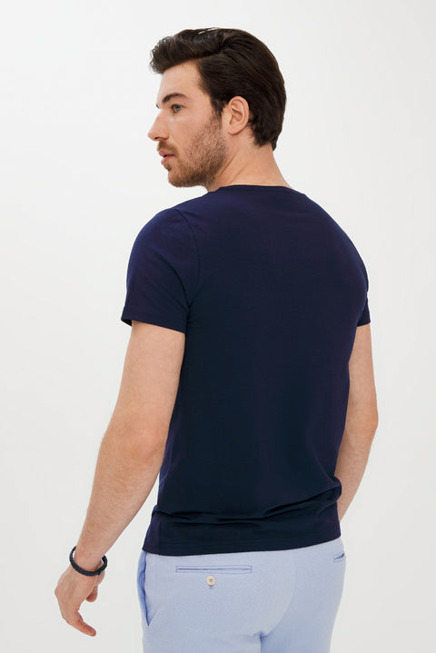 Koyu Lacivert Bisiklet Yaka Super Slim Fit Ekstra Dar Kesim Baskılı Tişört