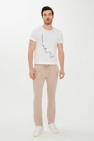  Beyaz Bisiklet Yaka Baskılı Super Slim Fit Ekstra Dar Kesim Tişört