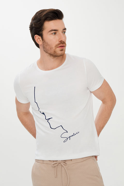 Beyaz Bisiklet Yaka Super Slim Fit Ekstra Dar Kesim Baskılı Tişört