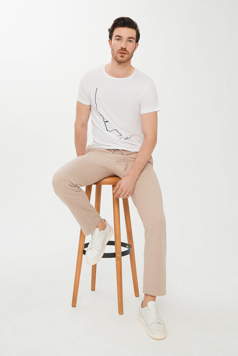 Beyaz Bisiklet Yaka Super Slim Fit Ekstra Dar Kesim Baskılı Tişört