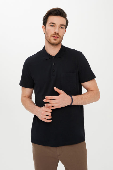 Siyah Cepli Polo Yaka Regular Fit Pamuk Tişört