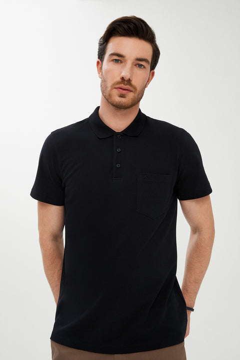 Siyah Cepli Polo Yaka Regular Fit Pamuk Tişört