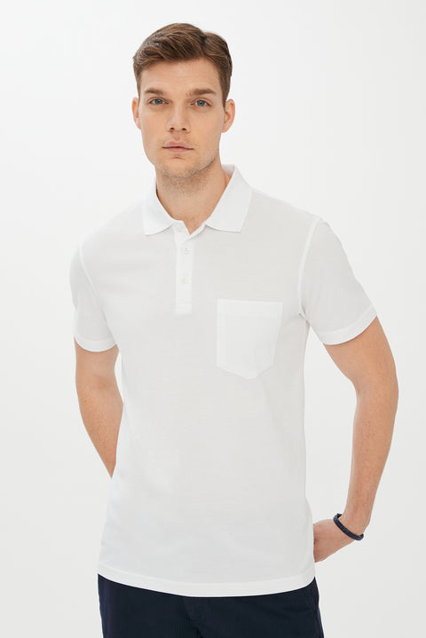 Beyaz Cepli Polo Yaka Regular Fit Pamuk Tişört