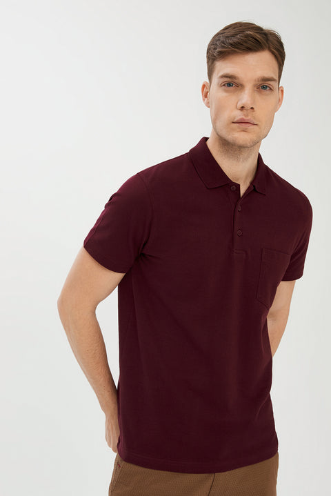 Koyu Bordo Cepli Polo Yaka Regular Fit Pamuk Tişört