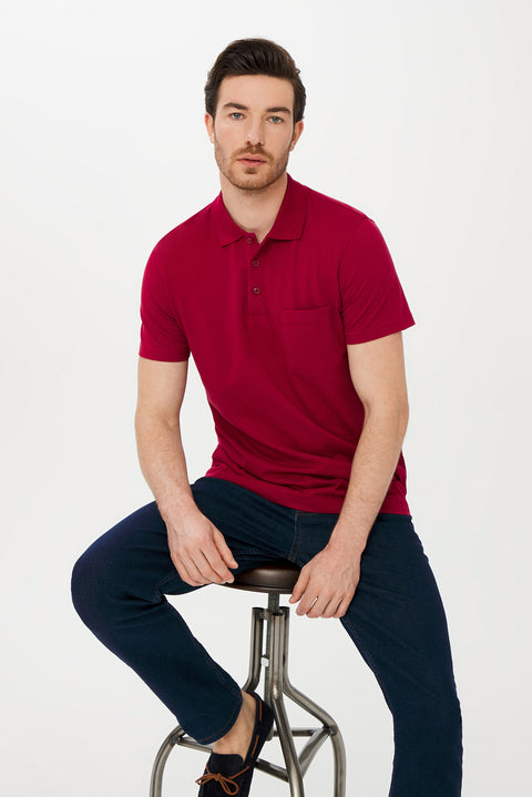 Kırmızı Cepli Polo Yaka Regular Fit Pamuk Tişört