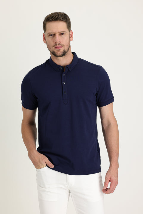 Koyu Lacivert Yarım İtalyan Yaka Regular Fit Süprem Tişört
