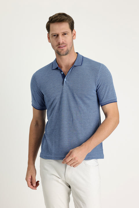 Açık Mavi Polo Yaka Regular Fit Desenli Tişört