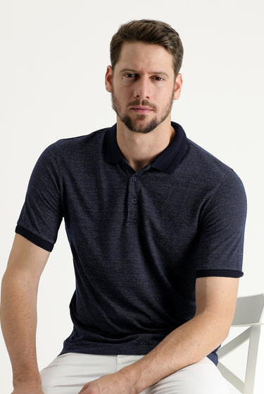 Orta Lacivert Polo Yaka Regular Fit Desenli Tişört