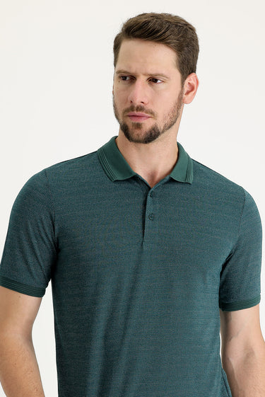 Koyu Yeşil Polo Yaka Regular Fit Desenli Tişört