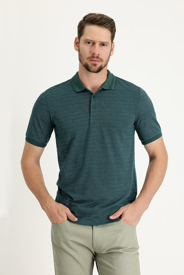 Koyu Yeşil Polo Yaka Regular Fit Desenli Tişört