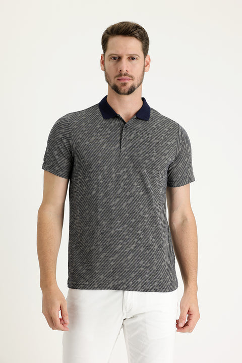 Orta Lacivert Polo Yaka Regular Fit Desenli Tişört