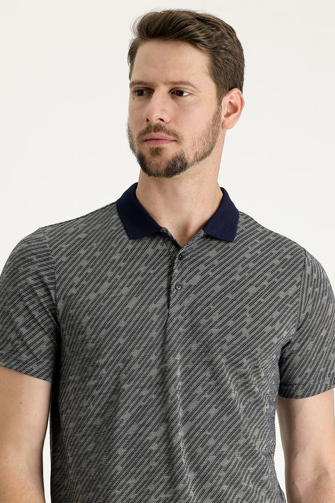 Orta Lacivert Polo Yaka Regular Fit Desenli Tişört