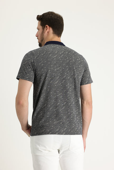 Orta Lacivert Polo Yaka Regular Fit Desenli Tişört