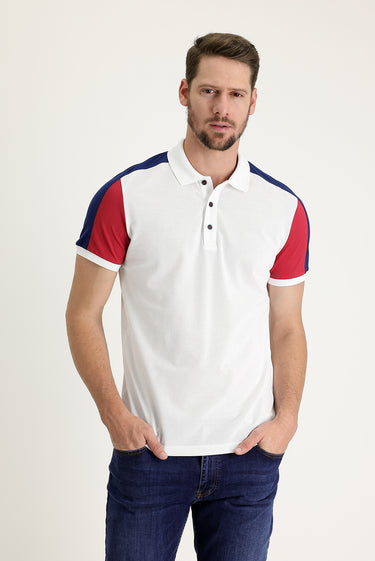  Beyaz Polo Yaka Regular Fit Desenli Pamuk Tişört