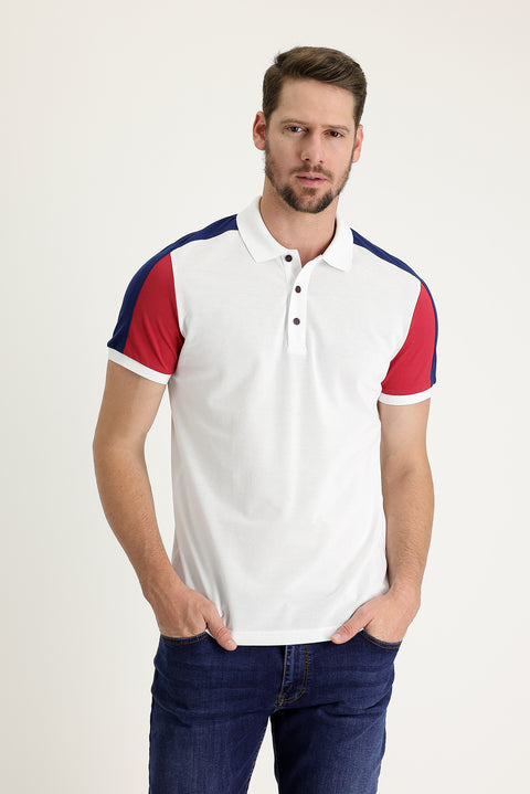 Beyaz Polo Yaka Regular Fit Desenli Pamuk Tişört