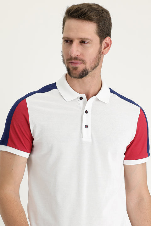 Beyaz Polo Yaka Regular Fit Desenli Pamuk Tişört