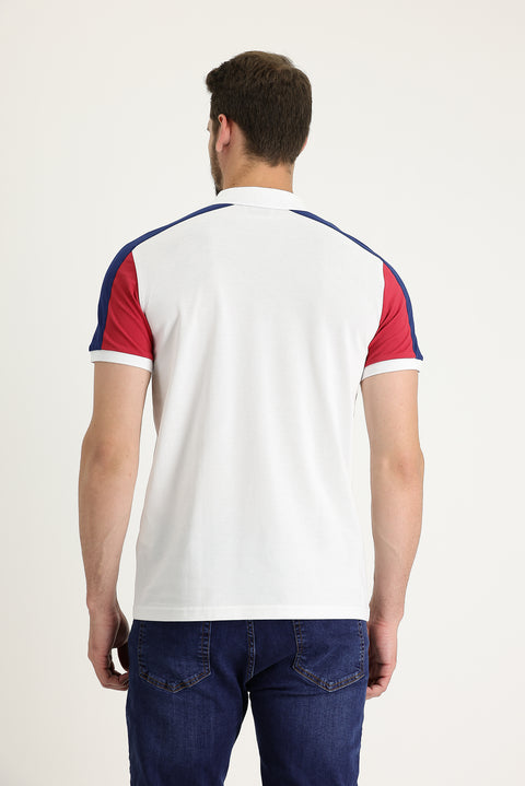 Beyaz Polo Yaka Regular Fit Desenli Pamuk Tişört