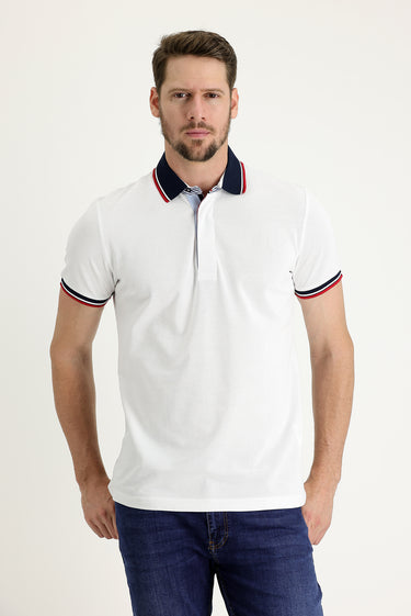  Beyaz Polo Yaka Regular Fit Desenli Pamuk Tişört