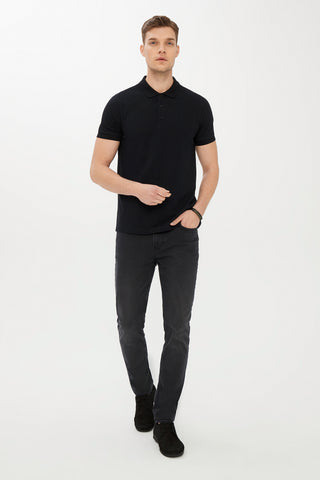  Siyah Polo Yaka Slim Fit Dar Kesim Pamuk Tişört