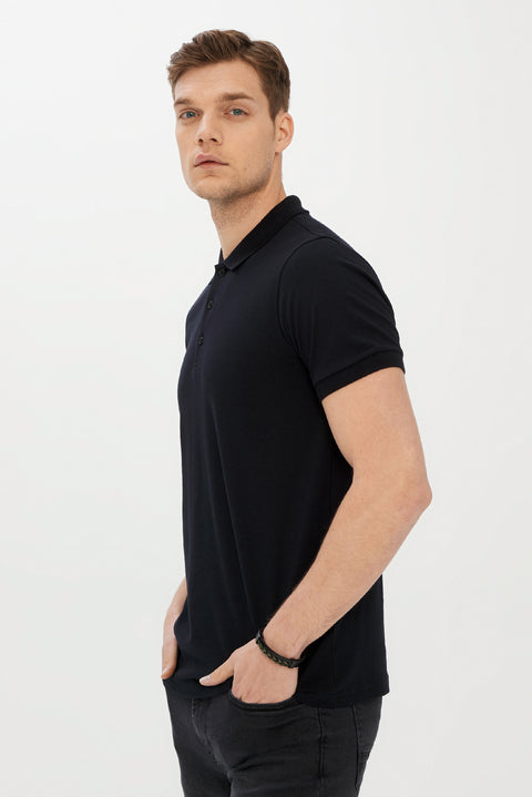 Siyah Polo Yaka Slim Fit Dar Kesim Pamuk Tişört