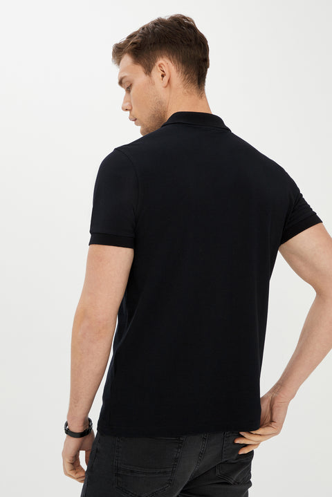 Siyah Polo Yaka Slim Fit Dar Kesim Pamuk Tişört