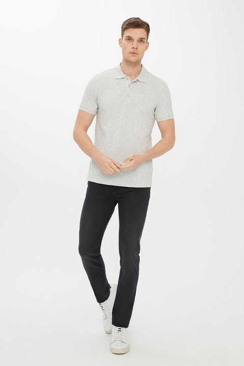 Açık Gri Melanj Polo Yaka Slim Fit Dar Kesim Pamuk Tişört