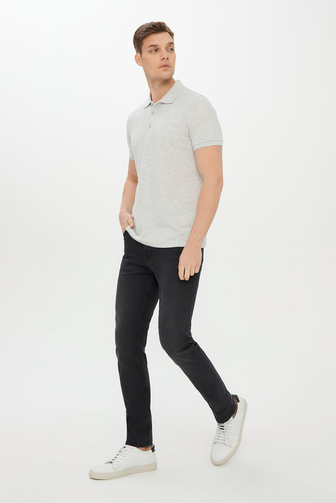 Açık Gri Melanj Polo Yaka Slim Fit Dar Kesim Pamuk Tişört