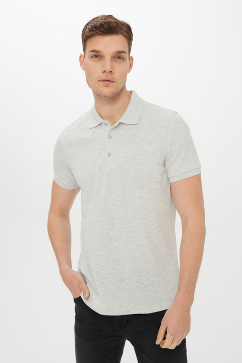 Açık Gri Melanj Polo Yaka Slim Fit Dar Kesim Pamuk Tişört