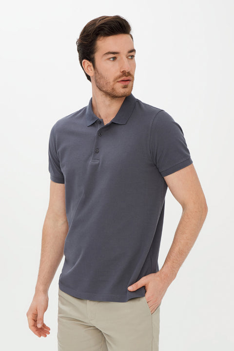 Orta Gri Polo Yaka Slim Fit Dar Kesim Pamuk Tişört
