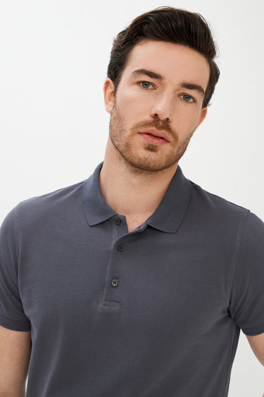 Orta Gri Polo Yaka Slim Fit Dar Kesim Pamuk Tişört