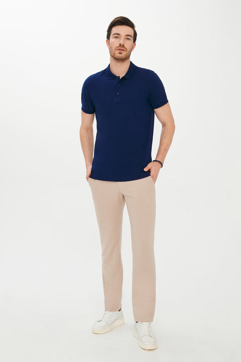 Orta Lacivert Polo Yaka Slim Fit Dar Kesim Pamuk Tişört