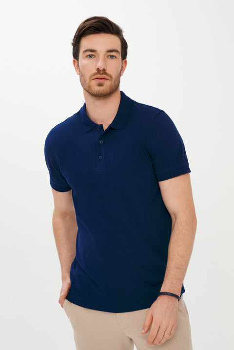 Orta Lacivert Polo Yaka Slim Fit Dar Kesim Pamuk Tişört
