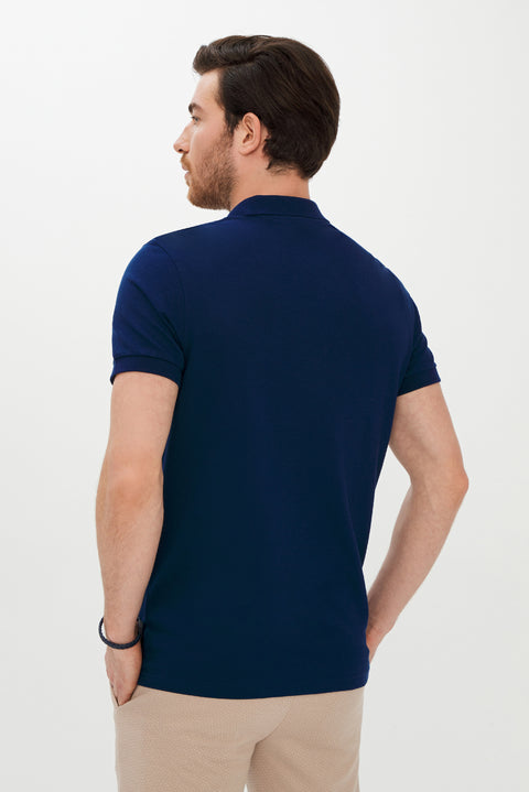 Orta Lacivert Polo Yaka Slim Fit Dar Kesim Pamuk Tişört