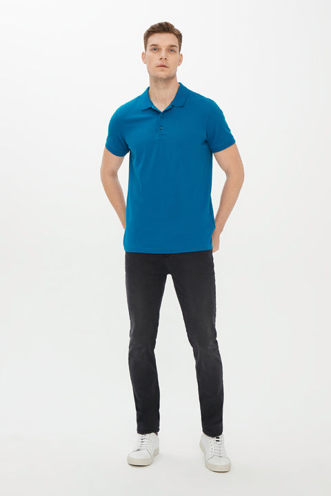 Petrol Yeşili Polo Yaka Slim Fit Dar Kesim Pamuk Tişört