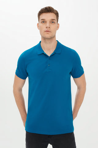  Petrol Yeşili Polo Yaka Slim Fit Dar Kesim Pamuk Tişört