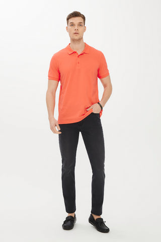  Mercan Kırmızı Polo Yaka Slim Fit Dar Kesim Pamuk Tişört