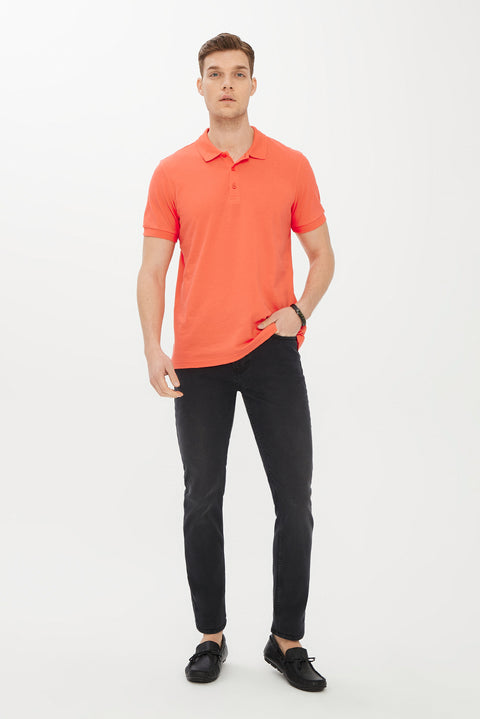 Mercan Kırmızı Polo Yaka Slim Fit Dar Kesim Pamuk Tişört