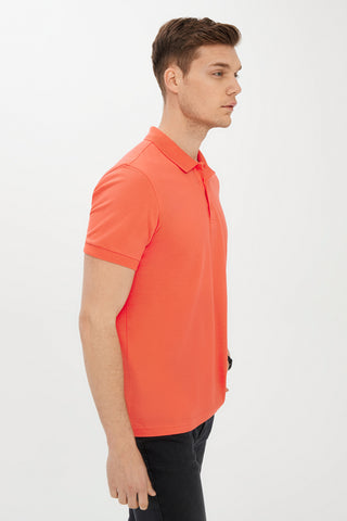  Mercan Kırmızı Polo Yaka Slim Fit Dar Kesim Pamuk Tişört