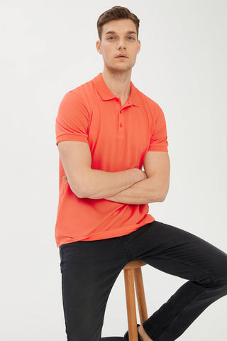  Mercan Kırmızı Polo Yaka Slim Fit Dar Kesim Pamuk Tişört