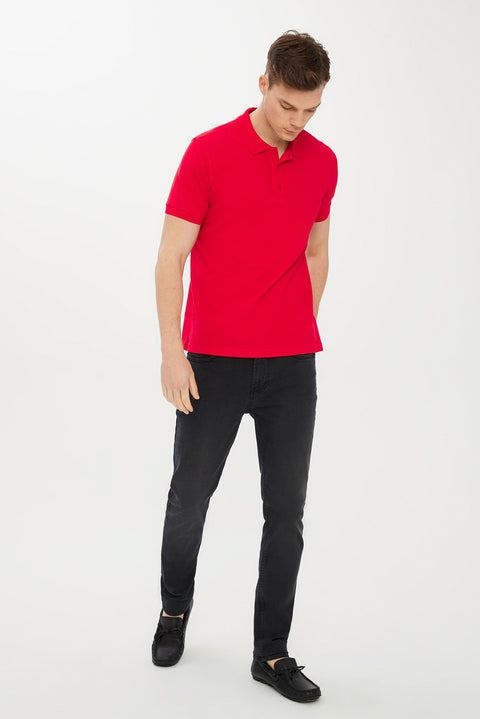 Bayrak Kırmızı Polo Yaka Slim Fit Dar Kesim Pamuk Tişört