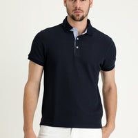 Koyu Lacivert Polo Yaka Slim Fit Dar Kesim Desenli Pamuk Tişört