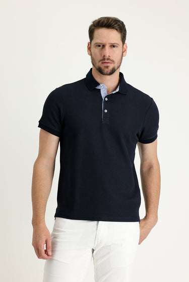 Koyu Lacivert Polo Yaka Slim Fit Dar Kesim Desenli Pamuk Tişört