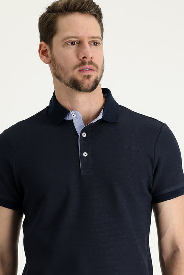 Koyu Lacivert Polo Yaka Slim Fit Dar Kesim Desenli Pamuk Tişört