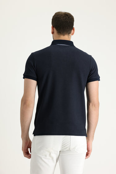 Koyu Lacivert Polo Yaka Slim Fit Dar Kesim Desenli Pamuk Tişört