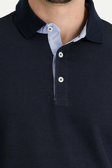 Koyu Lacivert Polo Yaka Slim Fit Dar Kesim Desenli Pamuk Tişört