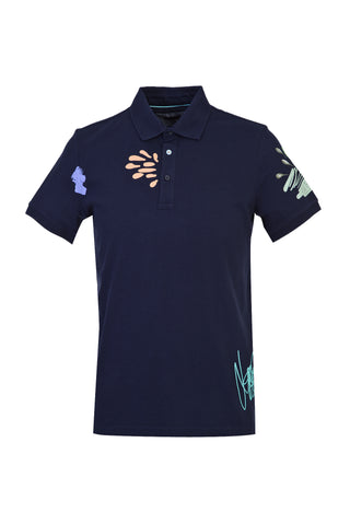  Koyu Lacivert Polo Yaka Slim Fit Dar Kesim Baskılı Tişört
