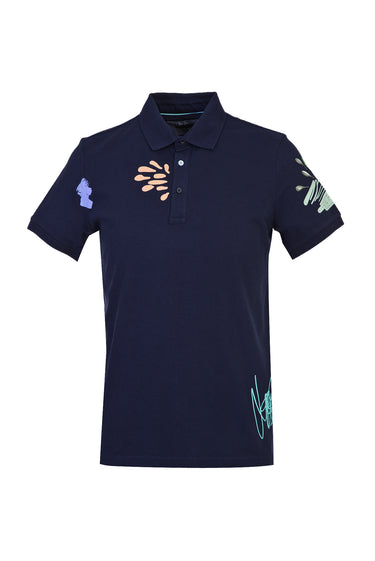 Koyu Lacivert Polo Yaka Slim Fit Dar Kesim Baskılı Tişört