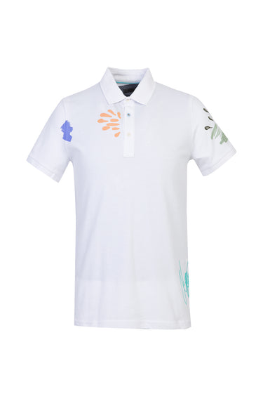  Beyaz Polo Yaka Slim Fit Dar Kesim Baskılı Tişört