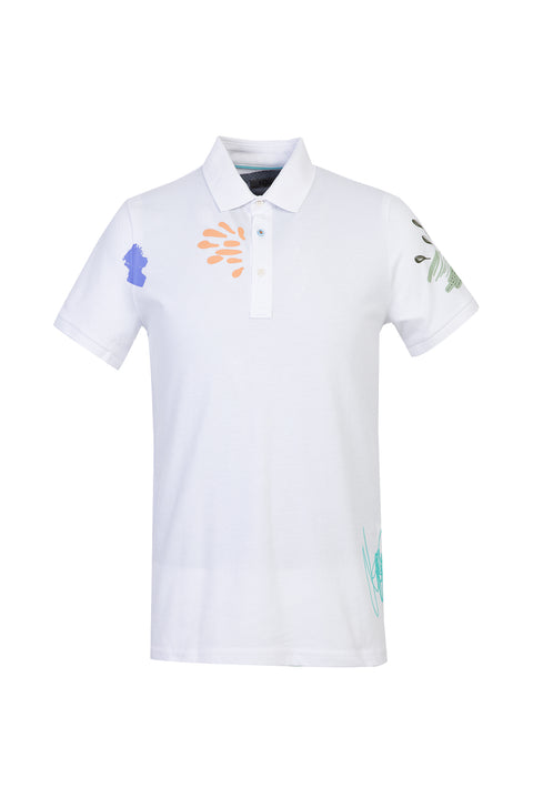 Beyaz Polo Yaka Slim Fit Dar Kesim Baskılı Tişört